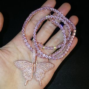 Bling Butterfly Hängen Halsband Smycken Hip Hop Hel Rosa Zirkon Äkta Guld Platina Pläterad Män Kvinnor Älskarpresent