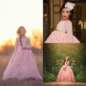 Pink Flower Girl Dresses For Wedding Jewel Neck Lace Appliqued A Line Long Sleeve Girls Pageant Dress Baby First Communion Gowns