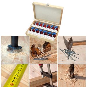 Freeshipping 12st Fräsning Cutter Router Bit Set 1/2 Wood Cutter Carbide Shank Mill Woodworking Trimming Gravering Carving Skärverktyg