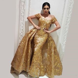 Two Pieces Sparkly Dubai Gold Evening Dress Detachable Skirt Robe de soiree Muslim Turkish Prom Gowns Custom Made