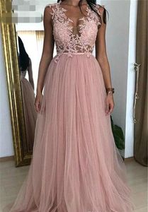 Ny Dusky Pink Sexy Prom Prom Klänningar Sheer Neck 2020 Appliques Tulle Ärmlös Formell Slitage Evening Party Gowns Custom Gjorda Klänning Elegant