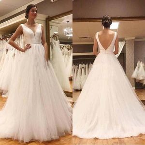 Fall 2019 Cheap Beach Wedding Dresses Simple A Line Sweep Train Ivory Satin and Tulle Bridal Gowns