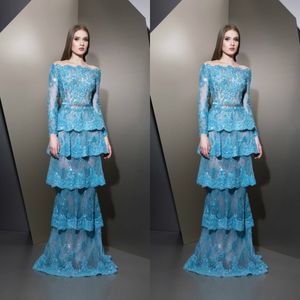 2019 Ziad Nakad Tiered Kjolar Prom Klänningar Långärmade Lace Appliqued Evening Gowns Off The Shoulder Party Dress Vestido de Festa