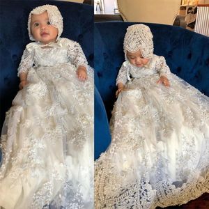Suknie chrzcące z długim rękawem dla małych dziewcząt koronkowe aplikowane perły sukienki chrztu z maską pierwszą sukienkę komunikacyjną 326 326