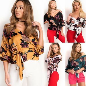 Sommar Kvinnor Boho Floral Tops Blouse Ladies Sexy Off The Shoulder Långärmad V-Neck Shirt