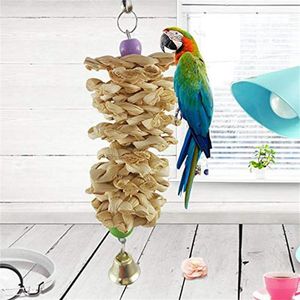 Sadeeng fågel papegoja leksak med klocka naturlig trä gräs chewing bite hängande bur swing climb chew leksaker