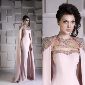 Dubai Mermaid Arabic Pink Evening Dresses Wear For Women Jewel Neck Crystal Beaded With Cape Wraps Floor Length Prom Dress Party Gowns