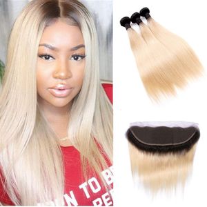 Malaysian Raw Virgin Hair Extensions Straight Human Hair Bundles With 13X4 Lace Frontal 1B 613 Double Color Straight 1B 613