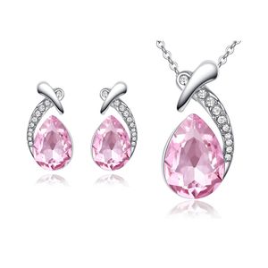 Fashion Earrings Necklace Chain Set White Gold Platinum Plated Women Silver Water Drop Jewelry Sets Austria Crystal Charms Gifts for Girls