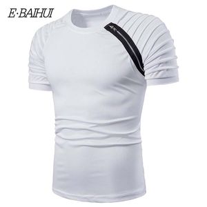 E-BAIHUI Summer Casual Men's T Shirt Fashion Streetwear Tshrit Striped Folding Sleeve Solid Fitness Top Slim Fit Casual T-shirt 1502