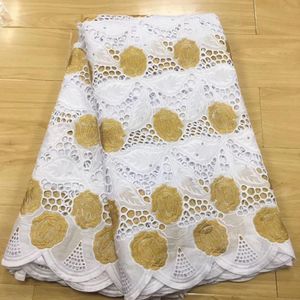 white and gold lace fabric swiss voile lace in switzerland brode coton africain robe dentelle dubai fabric 5yard set on Sale