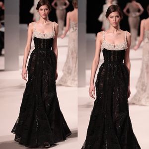 Elie Saab preto Prom Beads Spaghetti Sparkly Sequins Evening Vestidos Plus Size Lace apliques Formal vestido de festa