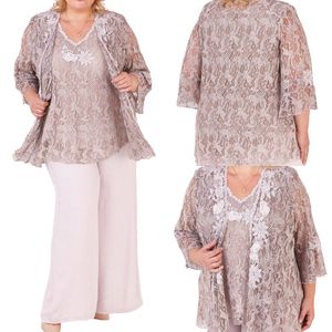 Abiti per la madre della sposa taglie forti con giacca in pizzo con scollo a V maniche lunghe pantaloni abiti in chiffon abiti da sera per abiti da cerimonia