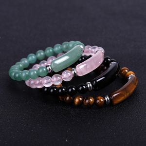 Bracciale con filo di pietra naturale 8mm Reiki Healing Quarzo Avventurina Agate Braccialetti con perline di fascino con barra rettangolare in cristallo rosa