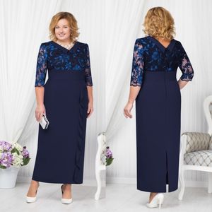 Navy Blue Long Sleeves Lace Mother Of The Bride Dresses Column V Neck Wedding Guest Dress Ankle Length Satin Evening Gowns