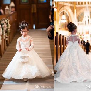 Cute Puffy Flower Girl Dresses For Weddings Illusion Lace Appliques Beads Button Back With Bow Girls Pageant Dress Kids Communion Gowns Long Sleeves 403