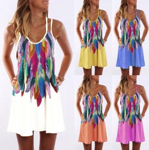 Rem ärmlös klänning 5 färger boho stil tryckt blommor bandage party klubbklänningar kvinnor t-shirt klänning 10 st ljjo6828