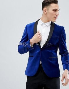 Ultimo design One Button Blue Velvet Wedding Smoking dello sposo Scialle Risvolto Groomsmen Mens Dinner Blazer Suits (Jacket + Pants + Tie) NO: 1665