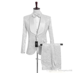 (Ceket + Pantolon + Vest + Tie) Özel Şal Yaka Yakışıklı Beyaz Damat smokin Groomsmen Best Man Suit Erkek Düğün Suit Damat