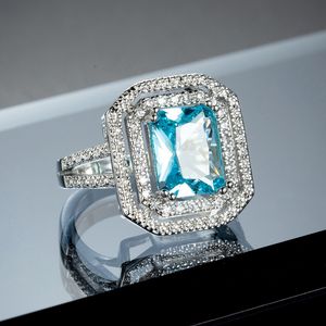 Simple and Elegant Blue Zircon Wedding Engagement Ring For Women Promise Band Square Rings Fashion Jewelry Valentine's Day Gifts
