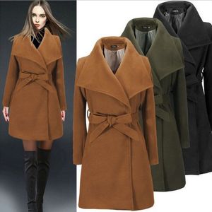 Outono e inverno quente europeu americano casaco de lã mulher magro longa seção de lã lapelas de cinto de casaco