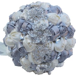 Lussuoso bouquet da sposa bellissimi fiori con perline di cristallo per matrimonio bouquet da damigella d'onore bouquet artificiali moda europea 18 cm