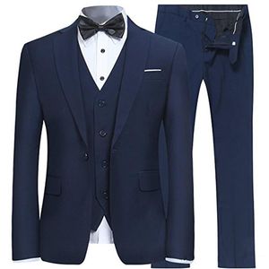 High Quality One Button Navy Blue Groom Tuxedos Notch Lapel Men Suits 3 pieces Wedding/Prom/Dinner Blazer (Jacket+Pants+Vest+Tie) W594