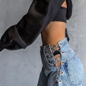 Waatfaak Hole Jeans Chain Bandagem cortou a cintura alta mulher bolsos sexy bolsos azuis calças de streetwear jeans hollow jeans