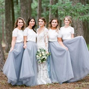 Two Pieces Countryside Bridesmaid Dresses Long 2021 Jewel Neck Short Sleeve Lace Top Maid Of Honor Gowns Boho Wedding Guest Dress AL5461