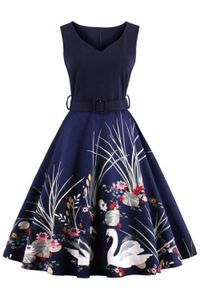 Navy Blue Vintage 50s 60s طباعة النساء بلا أكمام فساتين رجعية أرجوحة الأرجوحة بينوب فستان مكتب الأنيقة