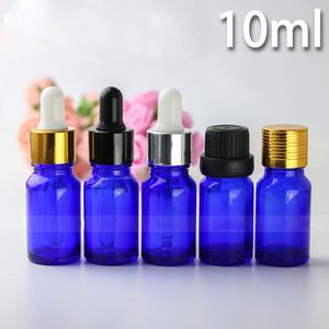 10ml Blue Glass Dropper Flaskor Partihandel Essential Olje Cosmetics Container med svart Silver Gold Lid 768PCS Lot