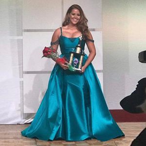 Turquoise Satin Plus Size Prom Dress Lange Beaded Straps Dames Pageant Celebrity Jurken Sweep Train Robe de Soiree