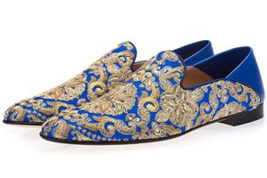 gold embroidery loafers hombre moccasins flat heel blue groom wedding dress shoes big size euro 38-46