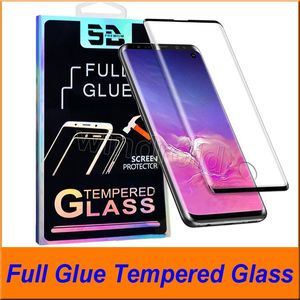Fullhäftande limfodral Friendly Temperat Glass 3D Böjd för Samsung Galaxy S10 S10E S9 Not 10 9 8 S8 Plus med detaljhandelspaket
