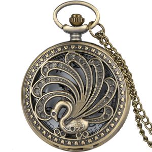 Bronze Vintage Hollow Peacock Design Taschenuhr Tier Quratz Uhren mit Halskette Kette Für Frauen Männer Kinder Orologio da Tasca