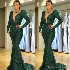 Dark Green Mermaid Evening Dress Sexy Deep V Neck Pearls Dot Prom Dresse Long Sleeves Formal Plus Size Party Gowns robes de soirée