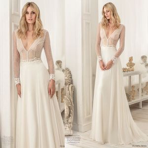 Najnowsza linia Bohemian Dresses V Neck z długim rękawem Tulle Koronki Kryształ Aplikacja Satynowa Suknie Ślubne Sweep Train Robe de Mariée