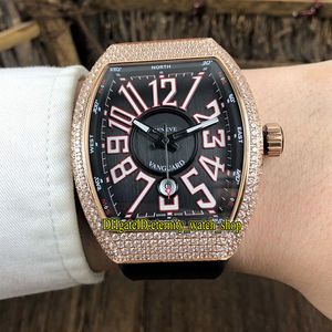 Mäns samling Vanguard V 45 SC DT NR BR (ER) Svart Ring Miyota 8215 Automatisk Mens Klocka Rose Gold Iced Out Diamanter Case Sport Klockor