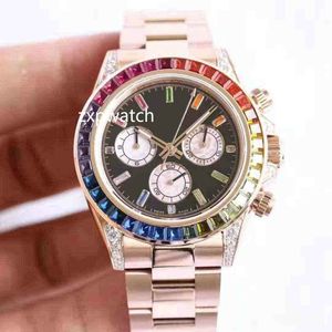 Automatisk Rose Gold Rainbow Watch Full Works No Chronograph Funktion Baguette Diamanter Bezel Män Armbandsur 40mm Hög kvalitet