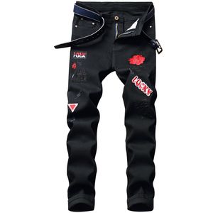 Erkek Yırtık Kot Tasarımcı Slim Fit Hip Hop Jeans Streç Gül Işlemeli Moda Erkekler Siyah Mavi Denim Pantolon