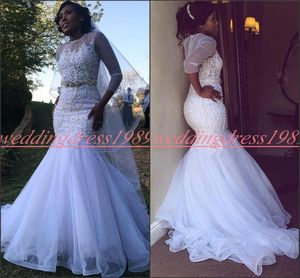 Glamorous Bling Beads Pearls African Wedding Dresses Ball Half Sleeve Crystal Sheer Tulle Nigerian Bridal Gown Vestido de novia Bride Dress