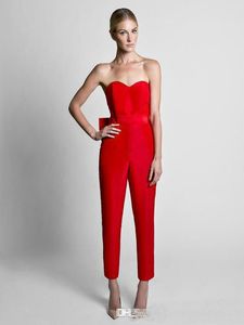 Krikor Jabotian Red Women Jumpsuits 2019 Prom Dresses Sweetheart Satin Bow Sash Aftonklänningar med löstagbar tåg lång del Dres210o