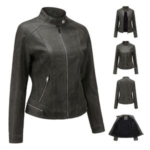 Leather Jacket Vintage for Women Punk Motorcycle Coat Faux PU Jacket Plus Size Outerwear Zipper Slim Lady Coats