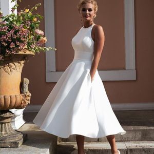 Hot Sale Sumemr Beach Lace Satin Short Wedding Dress 2020 Boho Chic Backless Knee Length Wedding Dresses Bridal Gowns robe de mariage