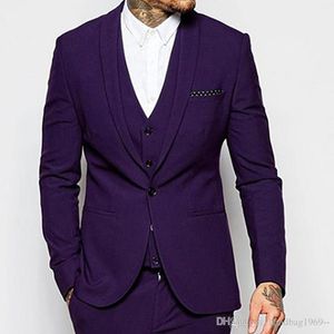 Najnowsze Design Dark Purple Groom Tuxedos Szal Kapel Mężczyźni Prom Party Dress Suits Wedding Clothes (kurtka + spodnie + kamizelka + krawat) D: 279