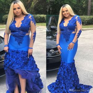 Plus Size Royal Blue Mermaid Prom Dresses Long Illusion Sleeve Rose Flowers Appliqued Long Satin Evening Gowns Formal Dress Evening Wear