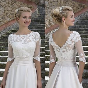 Nuovo scollo rotondo maniche a 3/4 con retro a V Giacca da sposa con applicazioni in pizzo Bianco Avorio Avvolge Coprispalle Bolero Custom Made