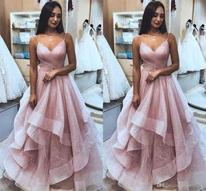 Glitz sexy incrível rosa vestidos de baile spahgetti cinta uma linha lantejoulas tule babados vestidos de noite longo formal festa pageant vestido personalizado