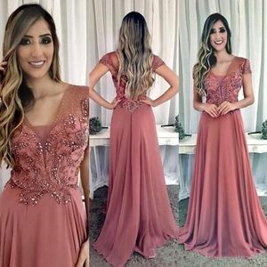 Cap Sleeves Beaded Crystals 2019 Evening Dresses A-Line Chiffon Billiga Prom Klänningar Eleganta Formella Brudtärna Party Gowns