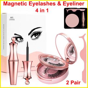 Magnetic False Eyelashes Liquid Eyeliner Set 2 Pairs 5 Magnets False Eyelash with Tweezer Makeup Mirror Eye lashes Reusable No Glue Needed